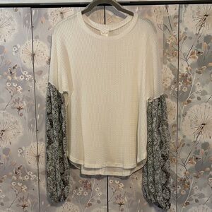 Cream Waffle Knit Long Sleeve Top with Printed Balloon Sleeves